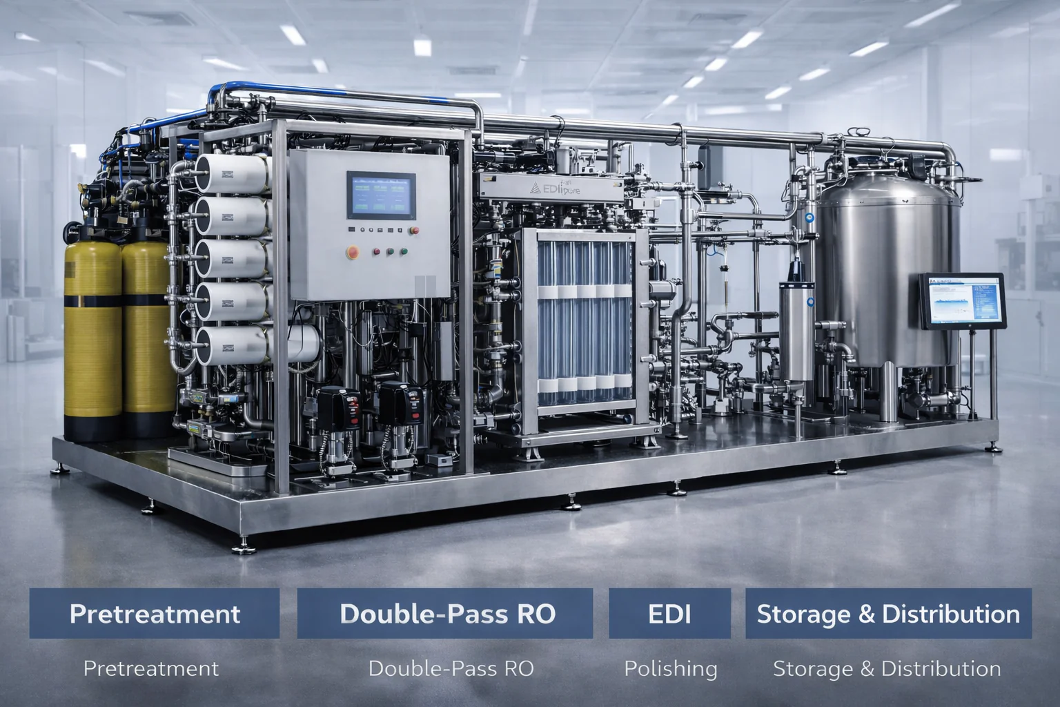 GMP purified water system with integrated RO and EDI skid in pharmaceutical cleanroom