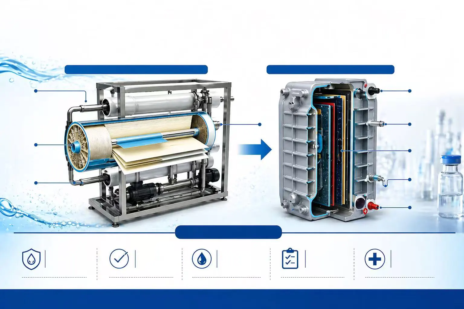 RO membrane and EDI module cross section diagram showing high purity water treatment process