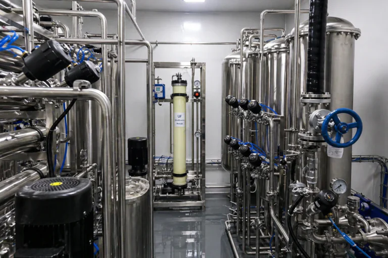 Membrane-based Water for Injection (WFI) system process diagram including pretreatment, reverse osmosis, EDI, ultrafiltration and storage distribution loop