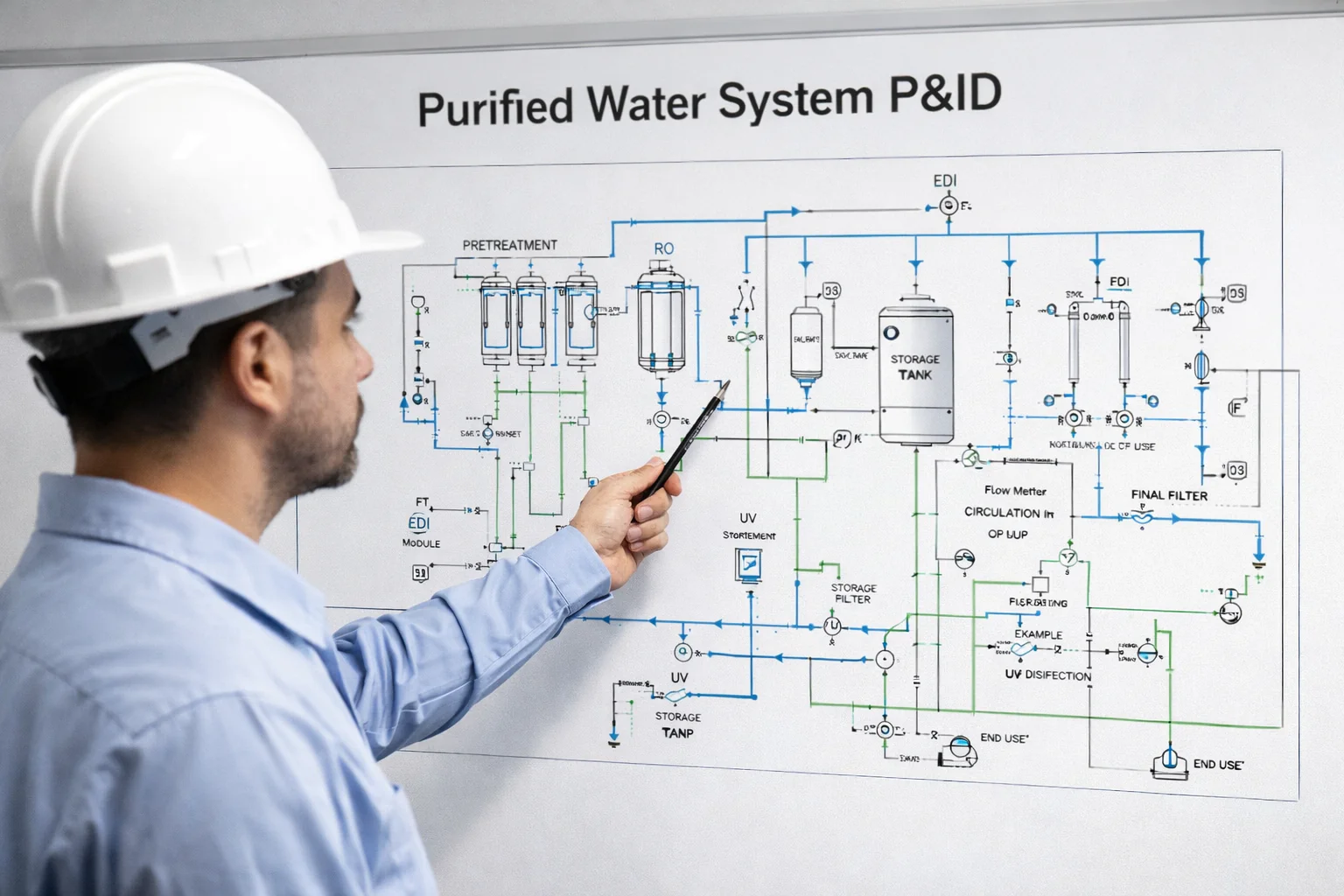 engineer explaining purified water system P&ID diagram in pharmaceutical water treatment