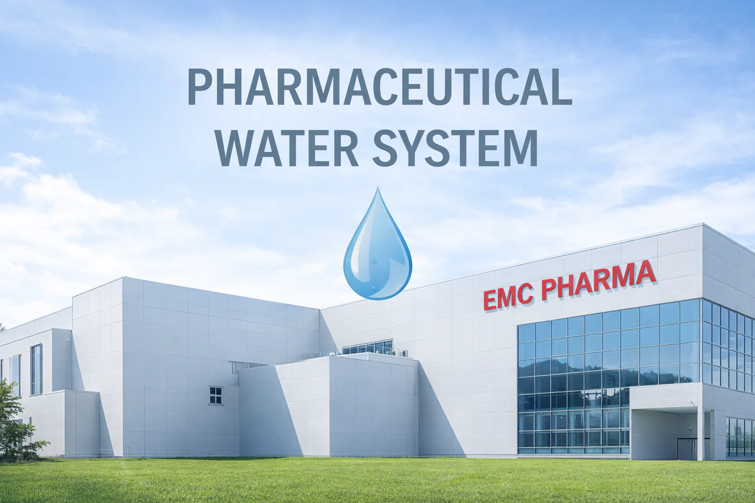 pharmaceutical water system factory exterior with CHONGYANG WATER building and water drop symbol