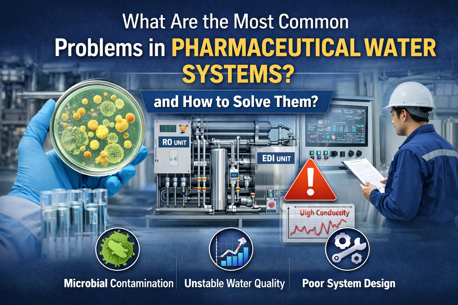 Common problems in pharmaceutical water systems including microbial contamination, unstable water quality and system design issues