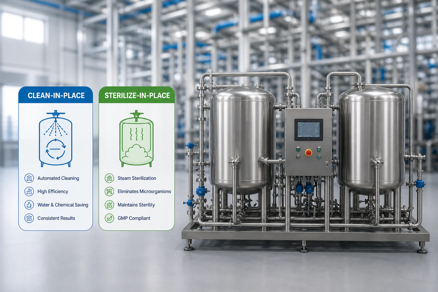 Industrial CIP and SIP system for automatic cleaning and sterilization of tanks and pipelines