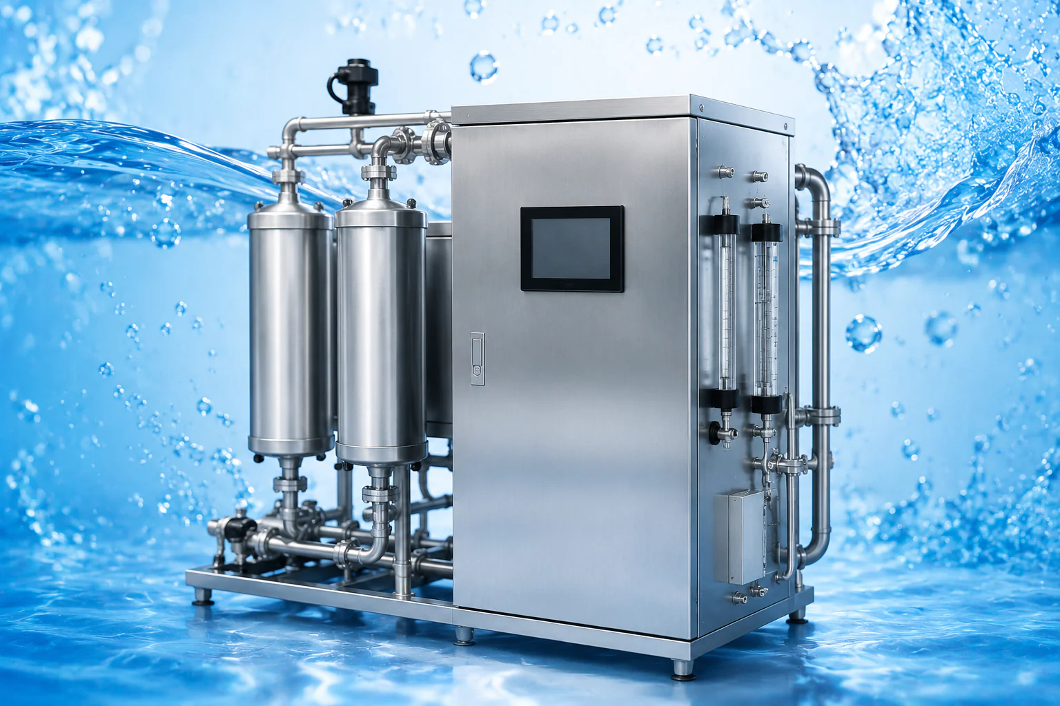 Pharmaceutical ozone water treatment generator with blue water background