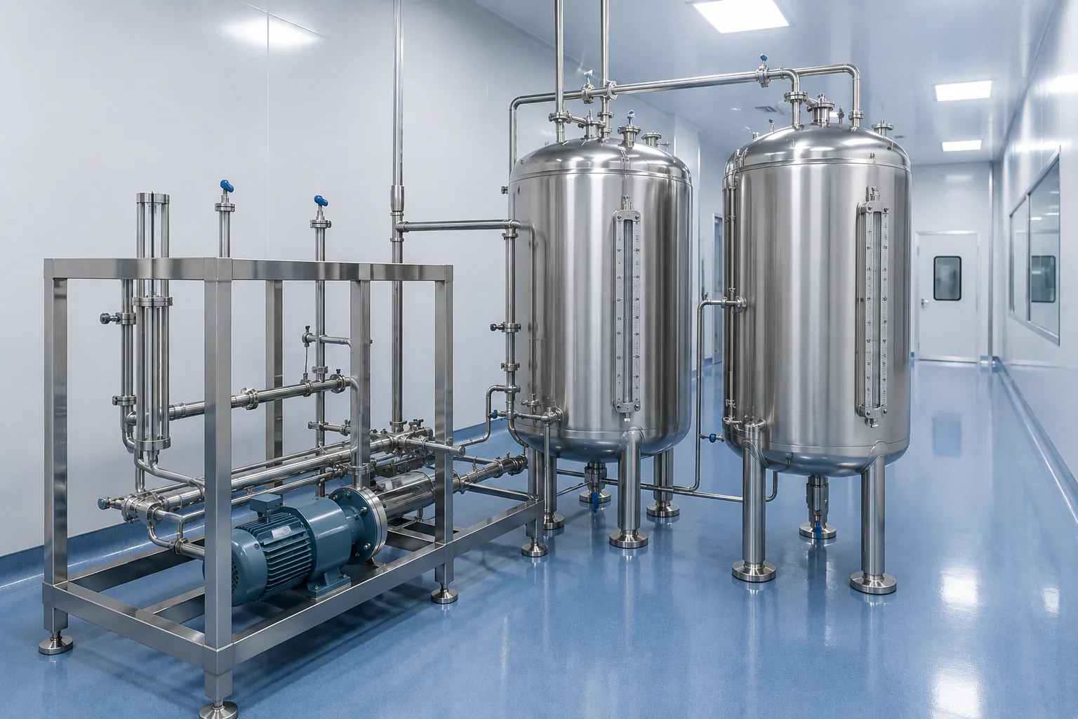 Stainless steel purified water storage and distribution system in cleanroom