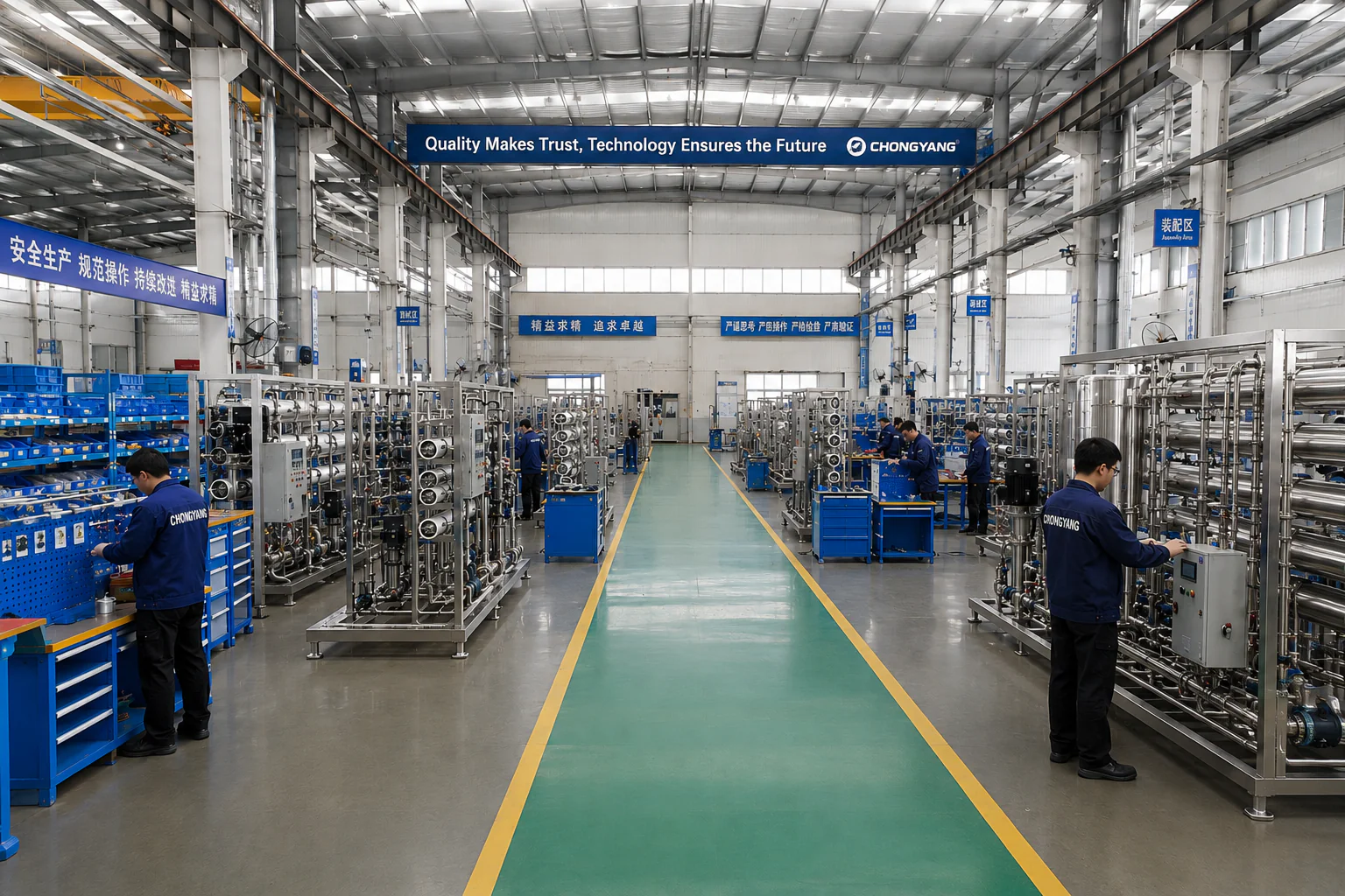 Large stainless steel pharma water treatment equipment manufacturing workshop with CHONGYANG engineers assembling RO and purified water systems