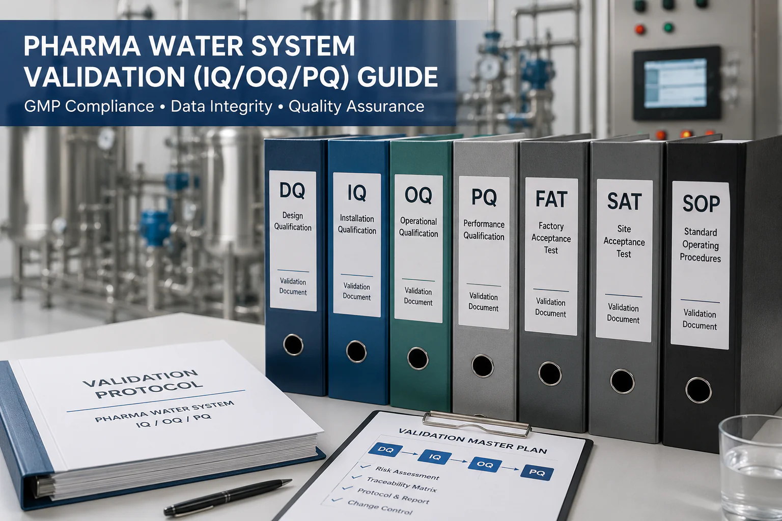 Pharma water system validation documents including DQ IQ OQ PQ FAT SAT and SOP folders in pharmaceutical water treatment environment