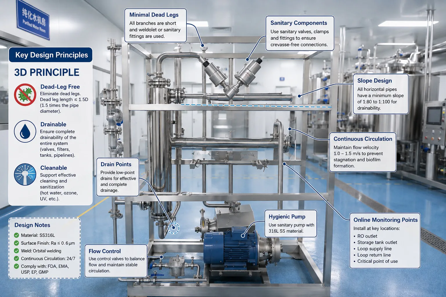 Pharmaceutical purified water distribution system in GMP cleanroom showing 3D sanitary design principles, drainability, continuous circulation, and online monitoring points