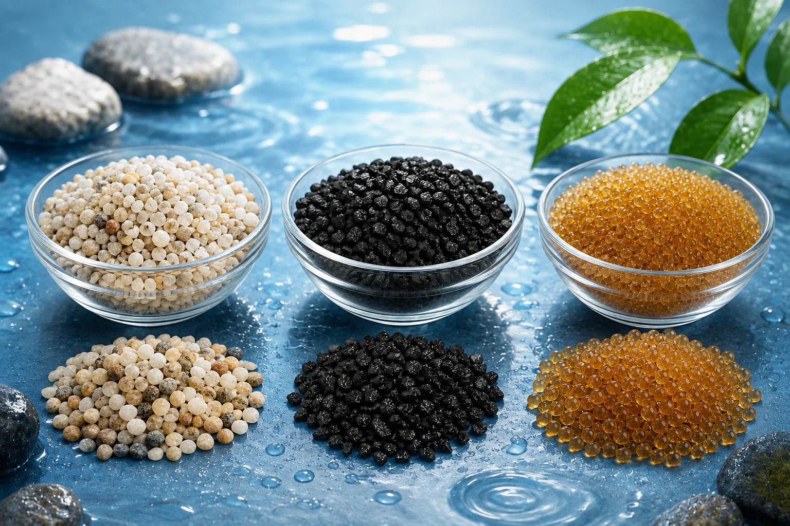 Quartz sand, activated carbon, and softener resin media used in water pretreatment systems