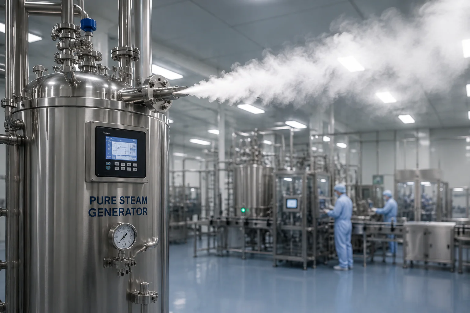 Pure steam generator releasing clean steam inside a pharmaceutical production workshop