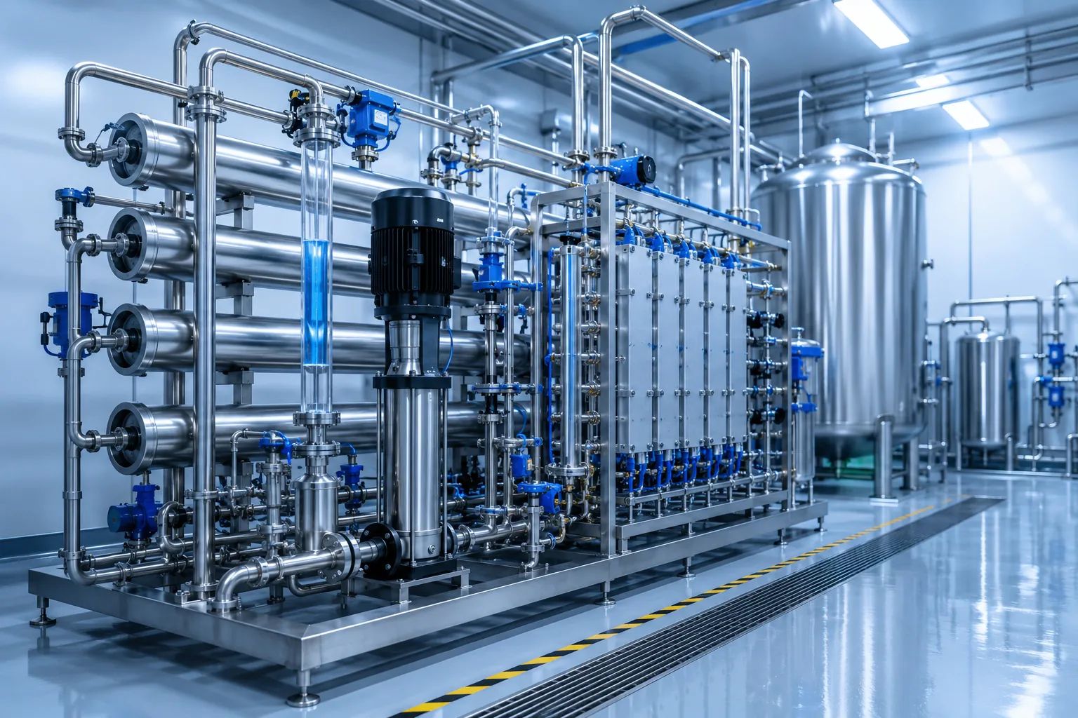 High temperature RO and EDI purified water system with sanitary stainless steel piping and hot water sanitization design