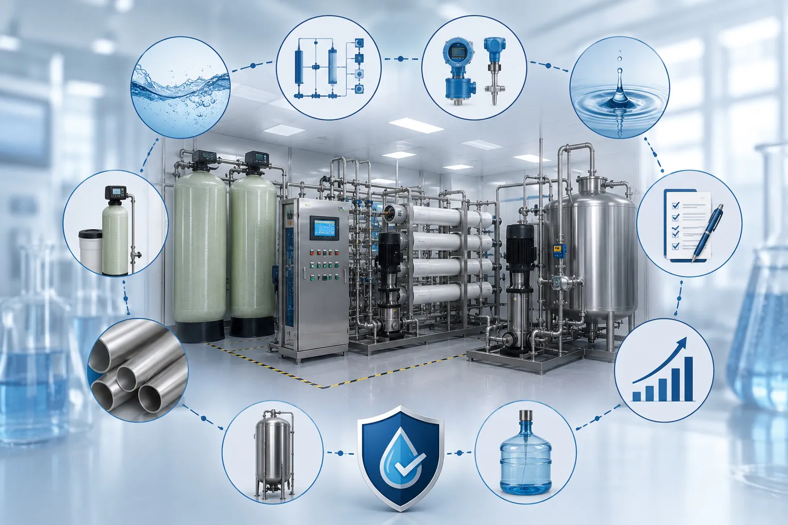 Pharmaceutical water system cost factors including process design instrumentation materials automation and purified water production equipment