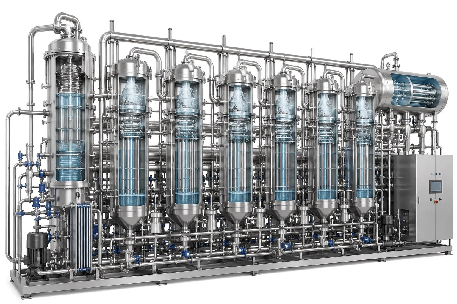 Engineer inspecting a stainless steel multi-effect distiller for reliable WFI production