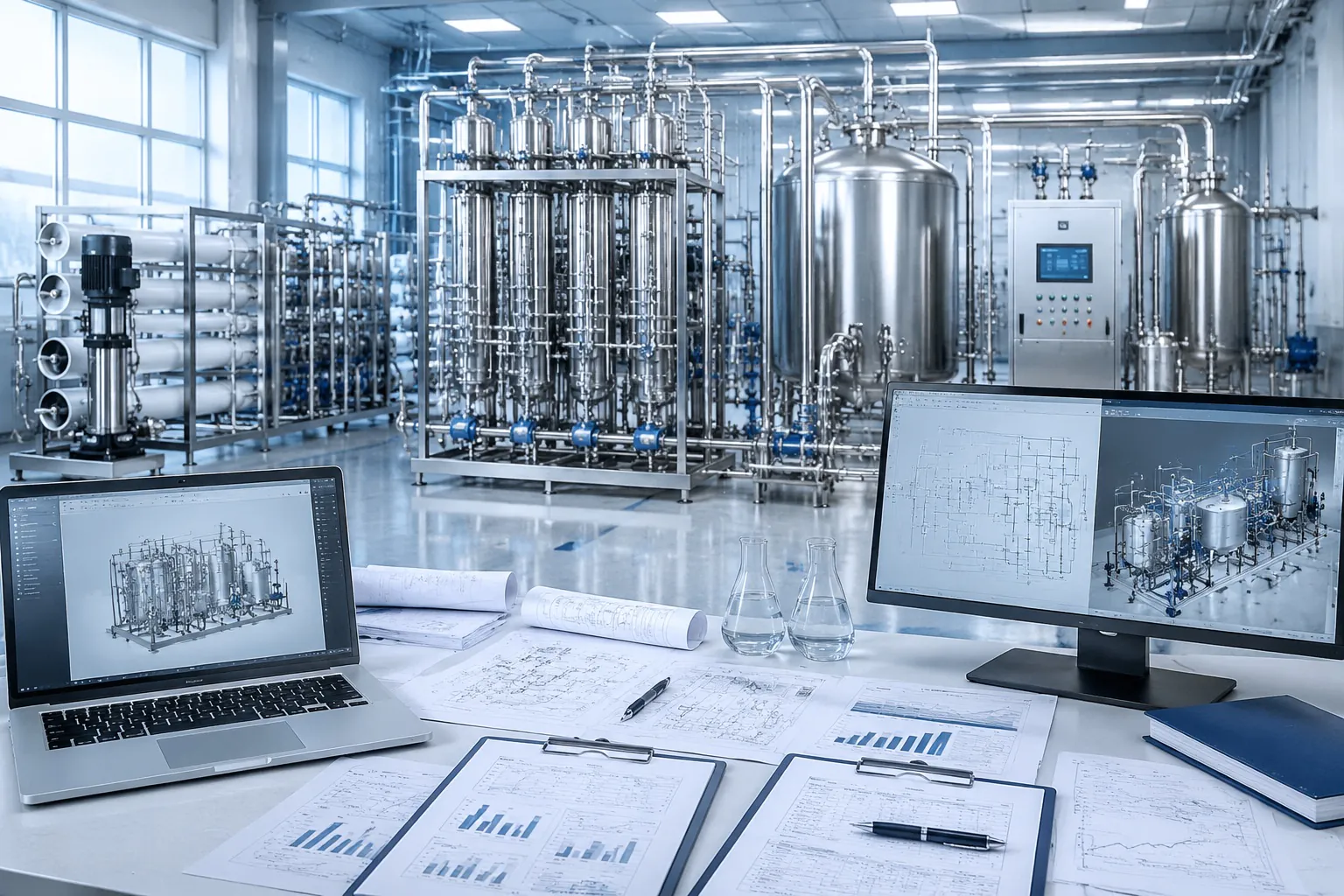WFI water system quotation guide showing multi effect distiller, storage tank, sanitary piping and engineering design requirements