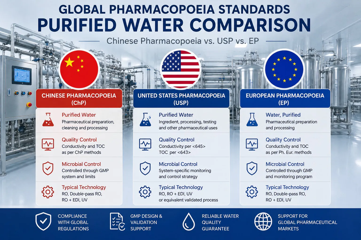 Chinese Pharmacopoeia vs USP vs EP purified water requirements for pharmaceutical water systems