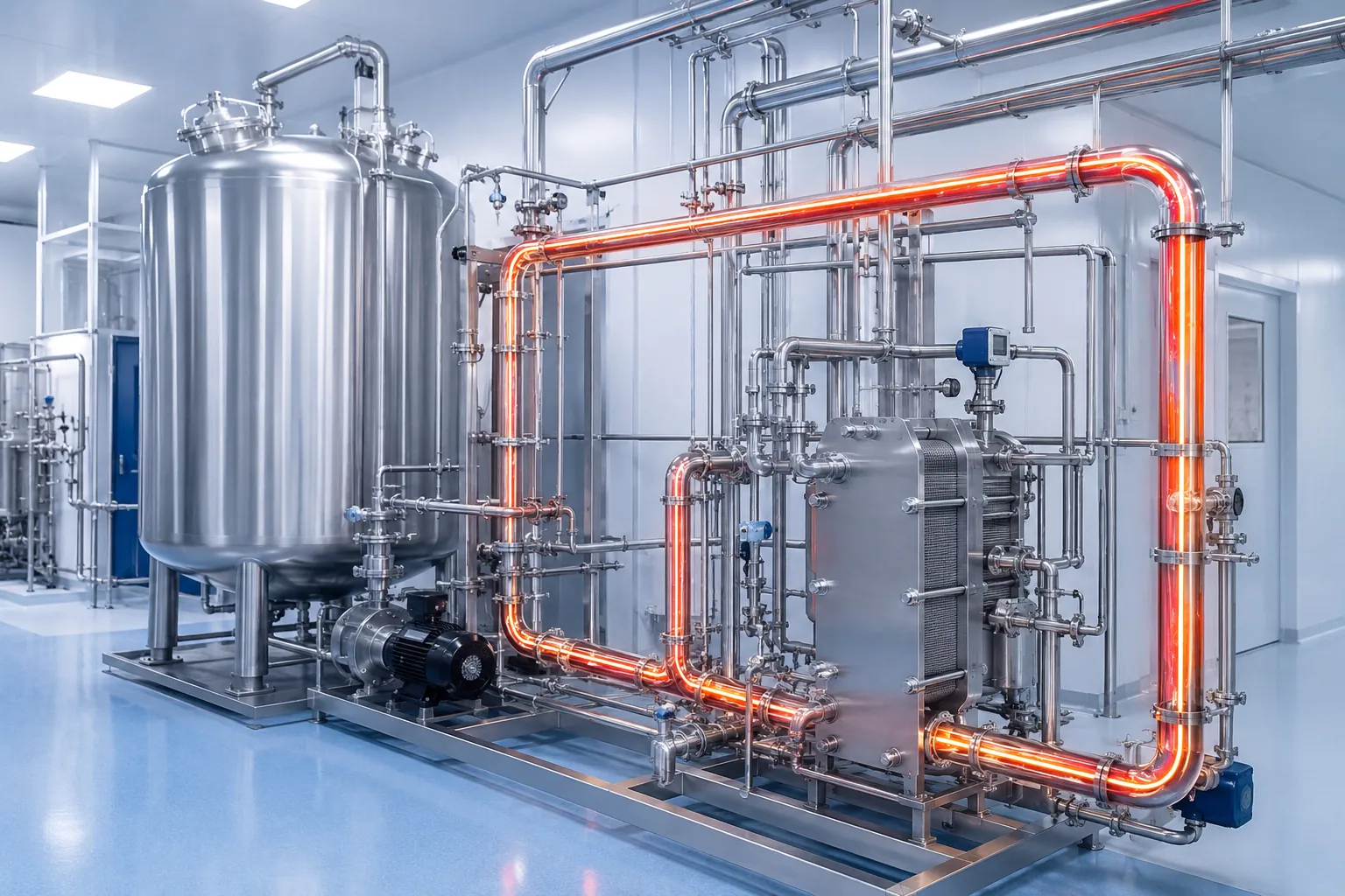 Pharmaceutical purified water system with hot water sanitization loop