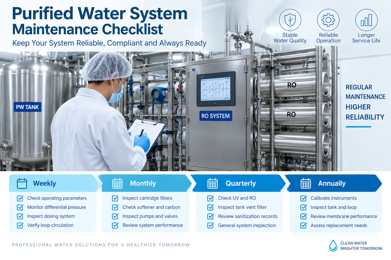 Purified water system maintenance checklist for pharmaceutical water treatment