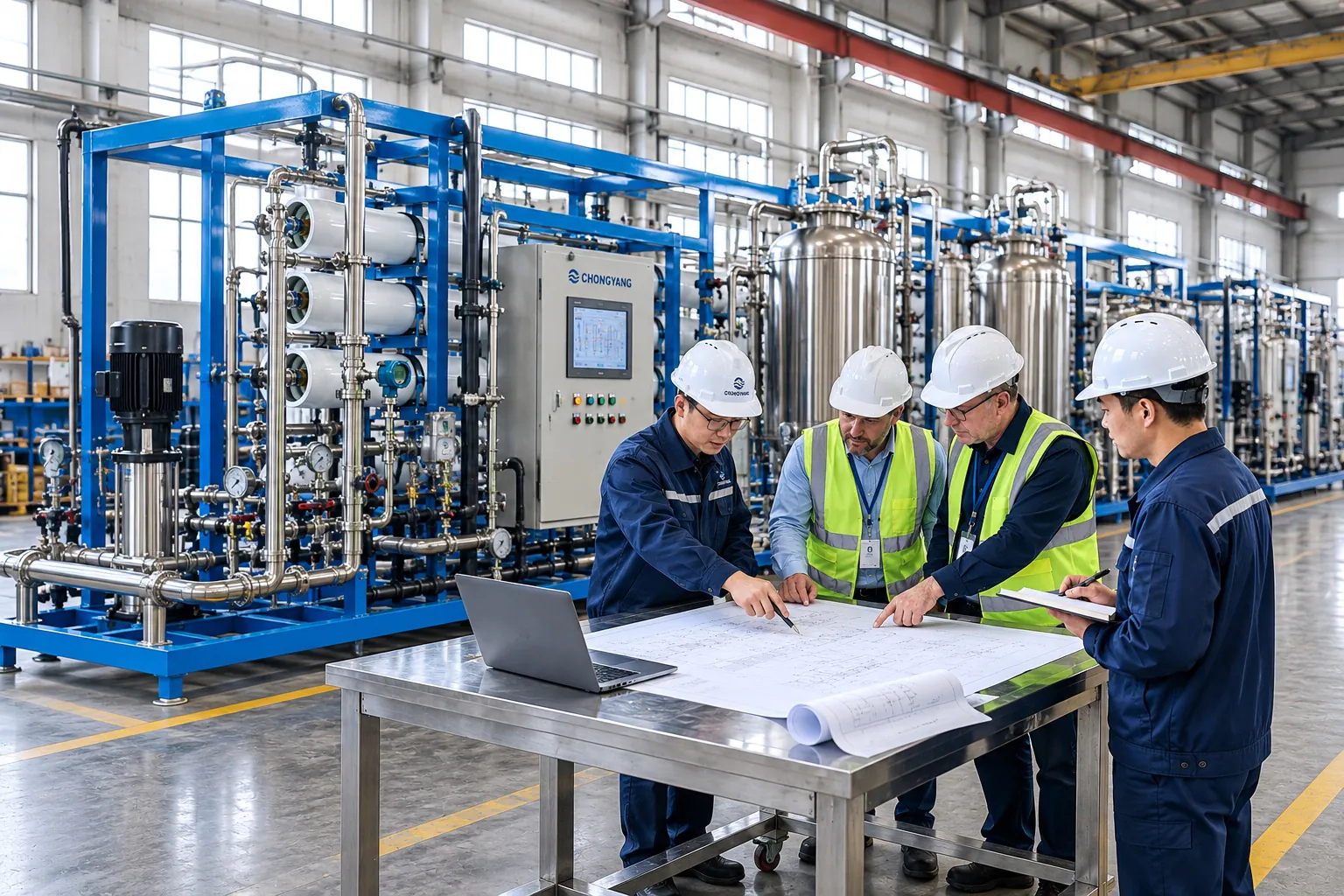 Chinese engineers and international customers reviewing technical drawings during Factory Acceptance Testing (FAT) of a pharmaceutical water treatment system.