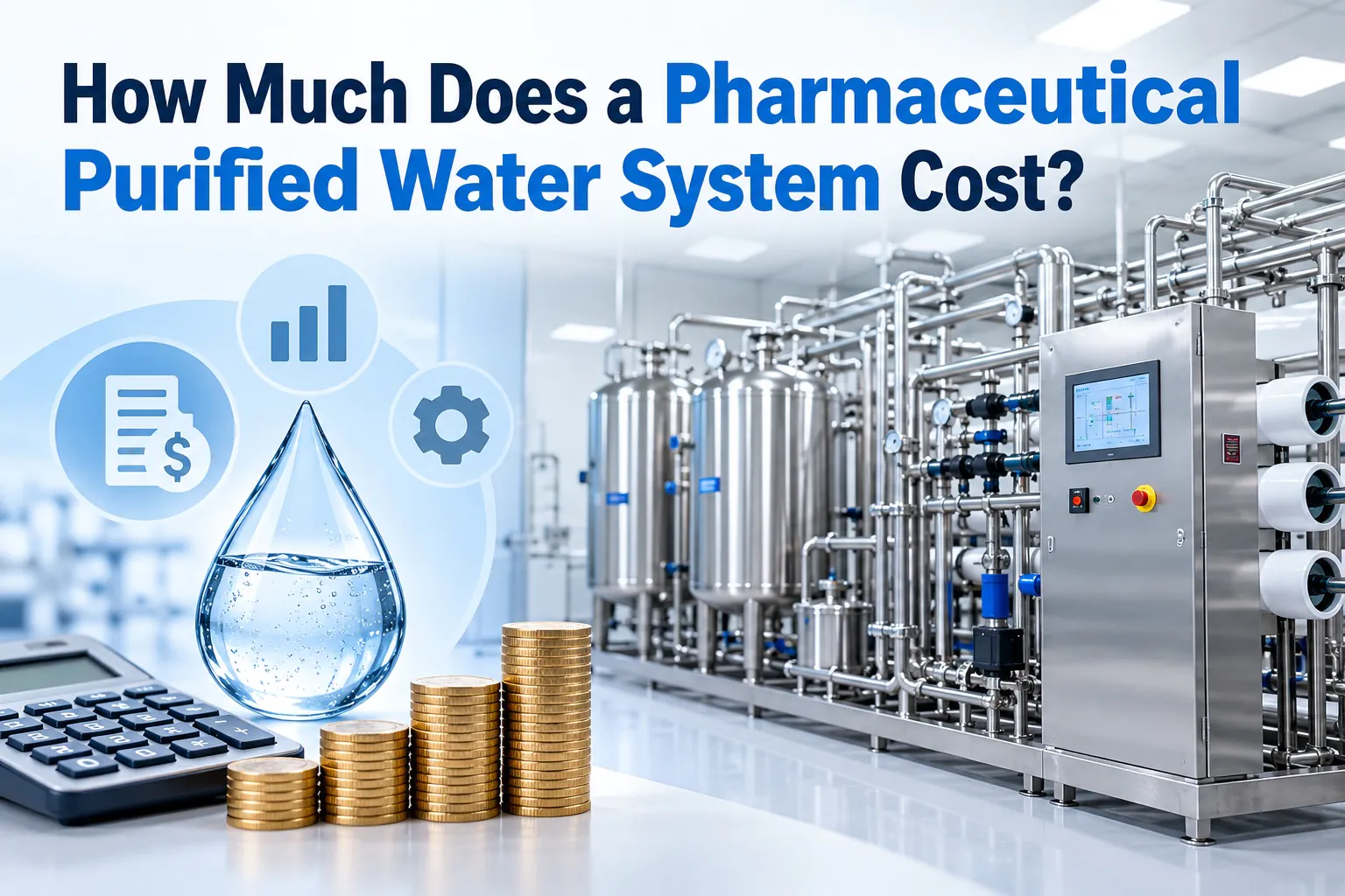 Illustrative pharmaceutical purified water system cost breakdown covering PW generation, storage, distribution, automation and qualification.